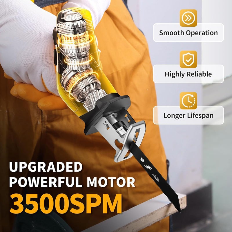 FULLYEA Reciprocating Saw Cordless, Variable Speed 0-3500SPM Power Reciprocating Saw, Tool-Free Blade Change, Battery Reciprocating Saws with 4 Saw Blades for Woods/Metal/Plastic Cutting, Yellow - Image 2
